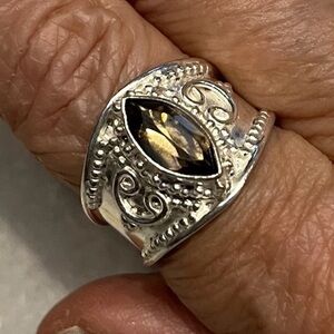 Smoky Quartz Size 9 Ring 925 SS Cigar Wide Band Filigree Scroll Ring